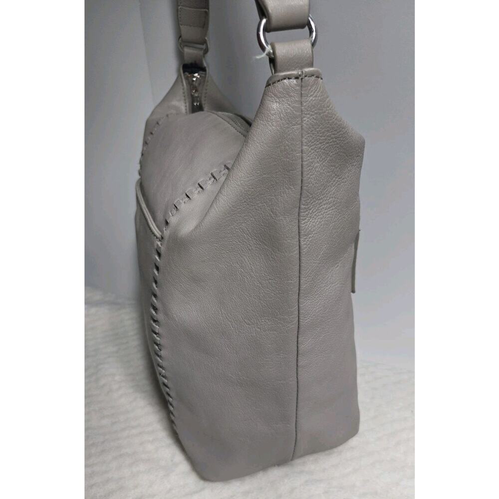 Tommy Bahama Gray Leather Hobo Shoulder Bag Whipstitch Zip Purse - Picture 5 of 14